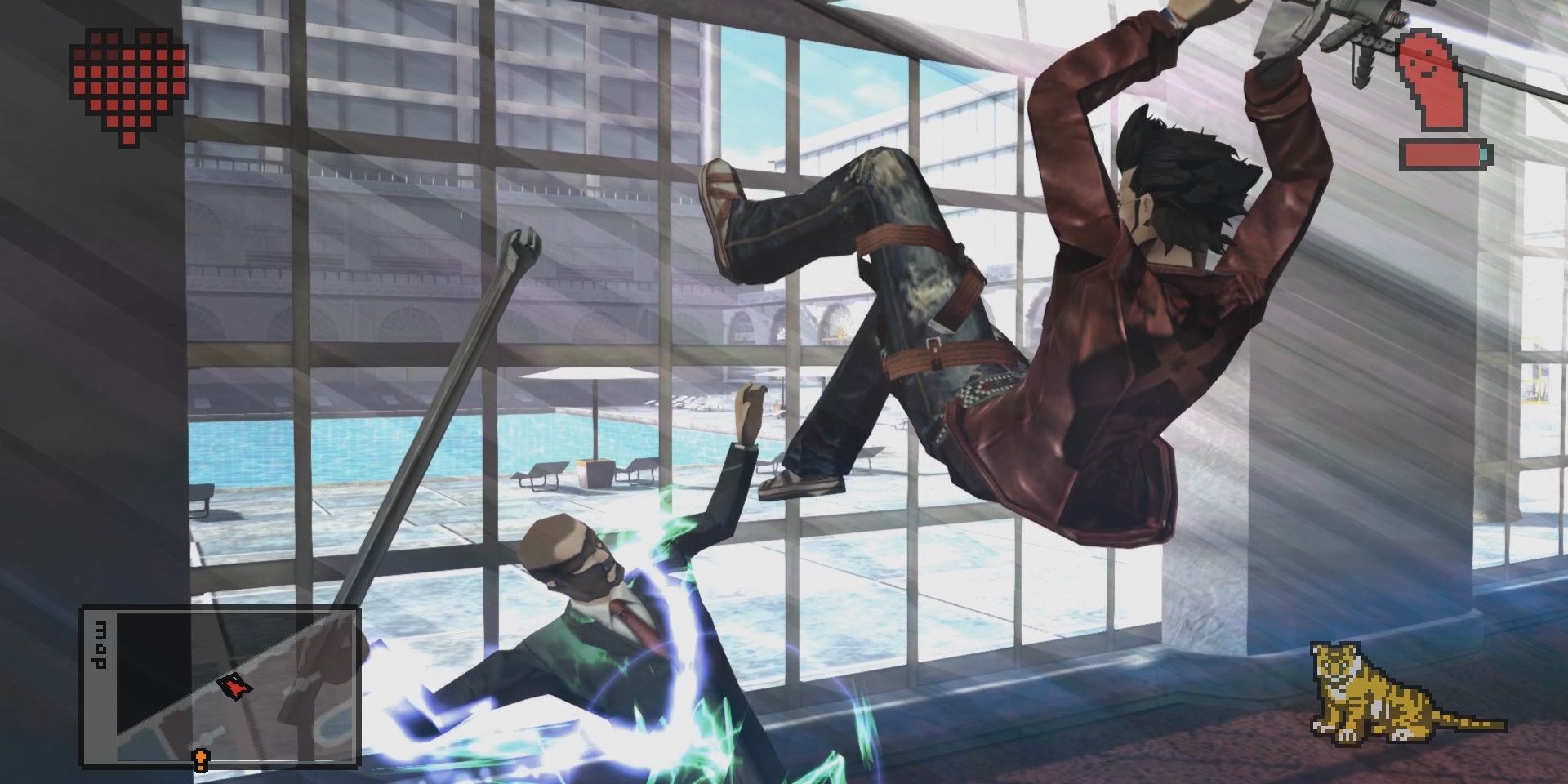 Travis Touchdown in the air about to slam down on an enemy in No More Heroes 2