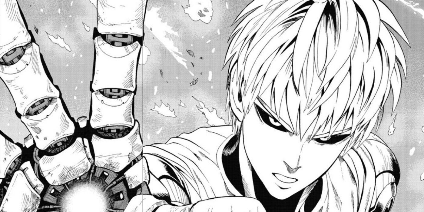 OPM Genos Manga Debut with his arm about to fire