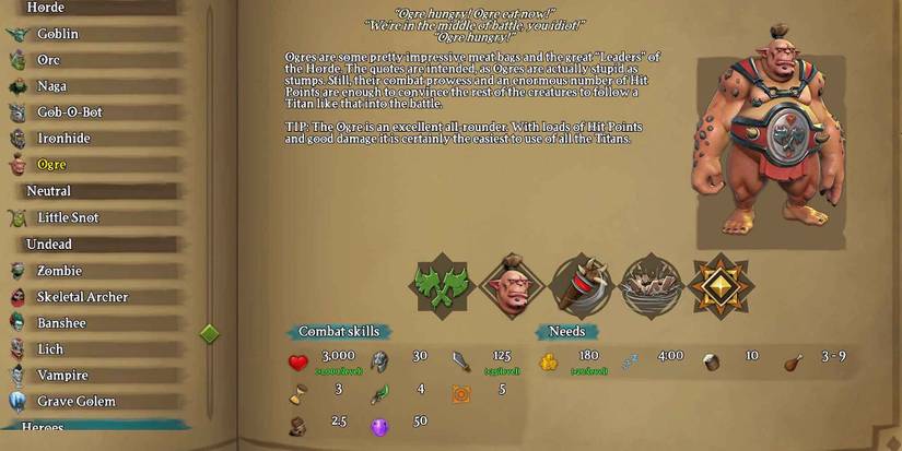 The Almanac entry for the Ogre in Dungeons 3