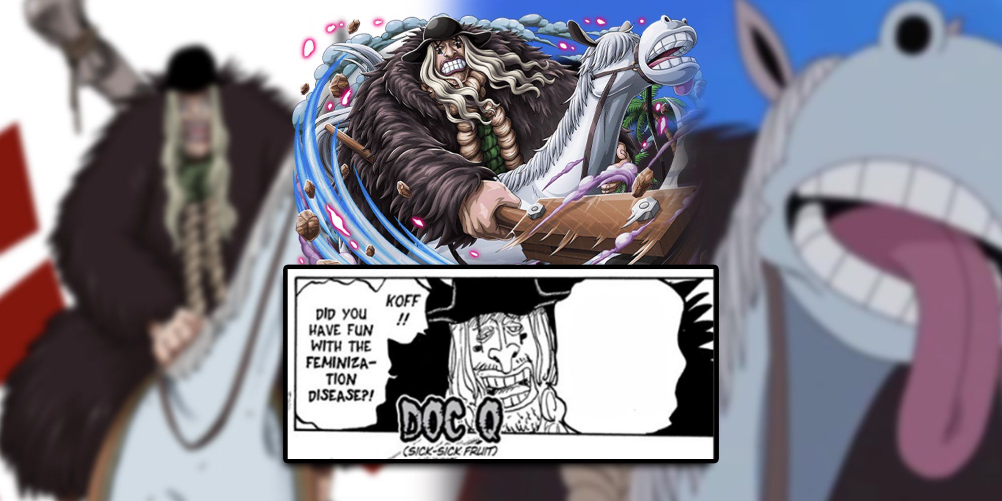 One Piece - Multiple Images Of Doc Q On His Horse With PNG Of Doc Q And Panel Revealing His Devil Fruit Overlaid On Top