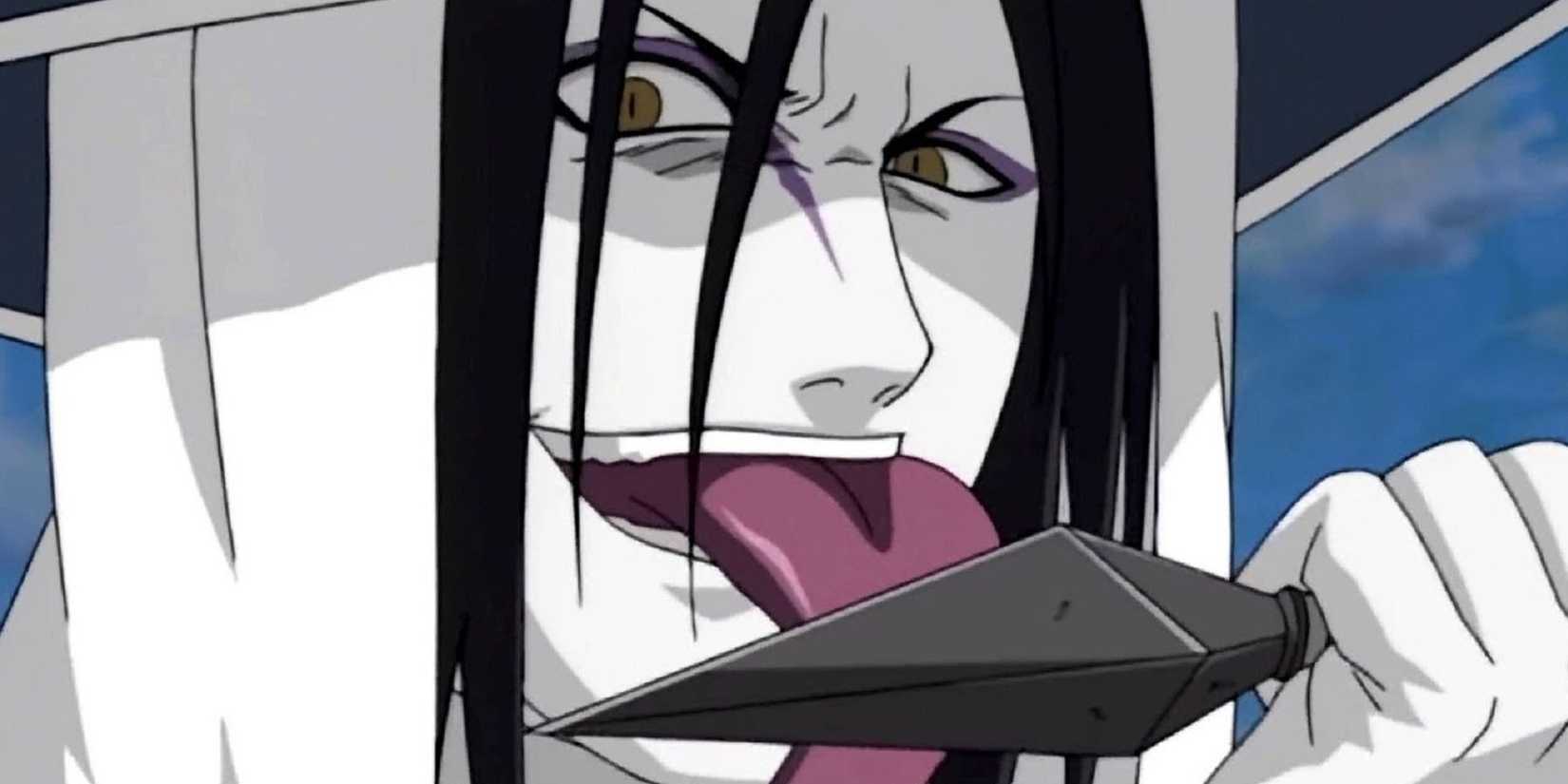 Orochimaru happily licks the kunai at Naruto