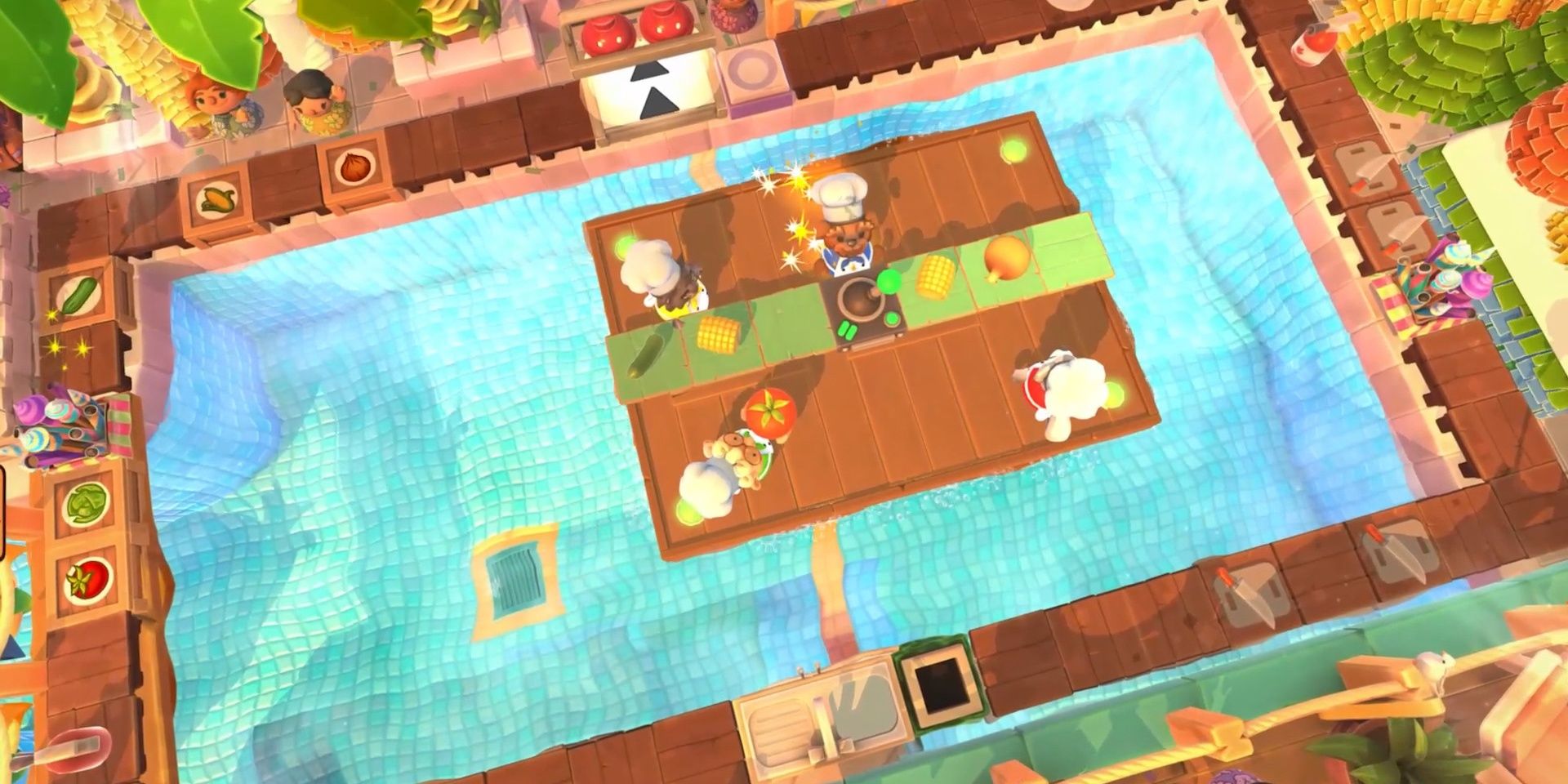 Four cooks standing on a pool raft with some cooking supplies in Overcooked 2