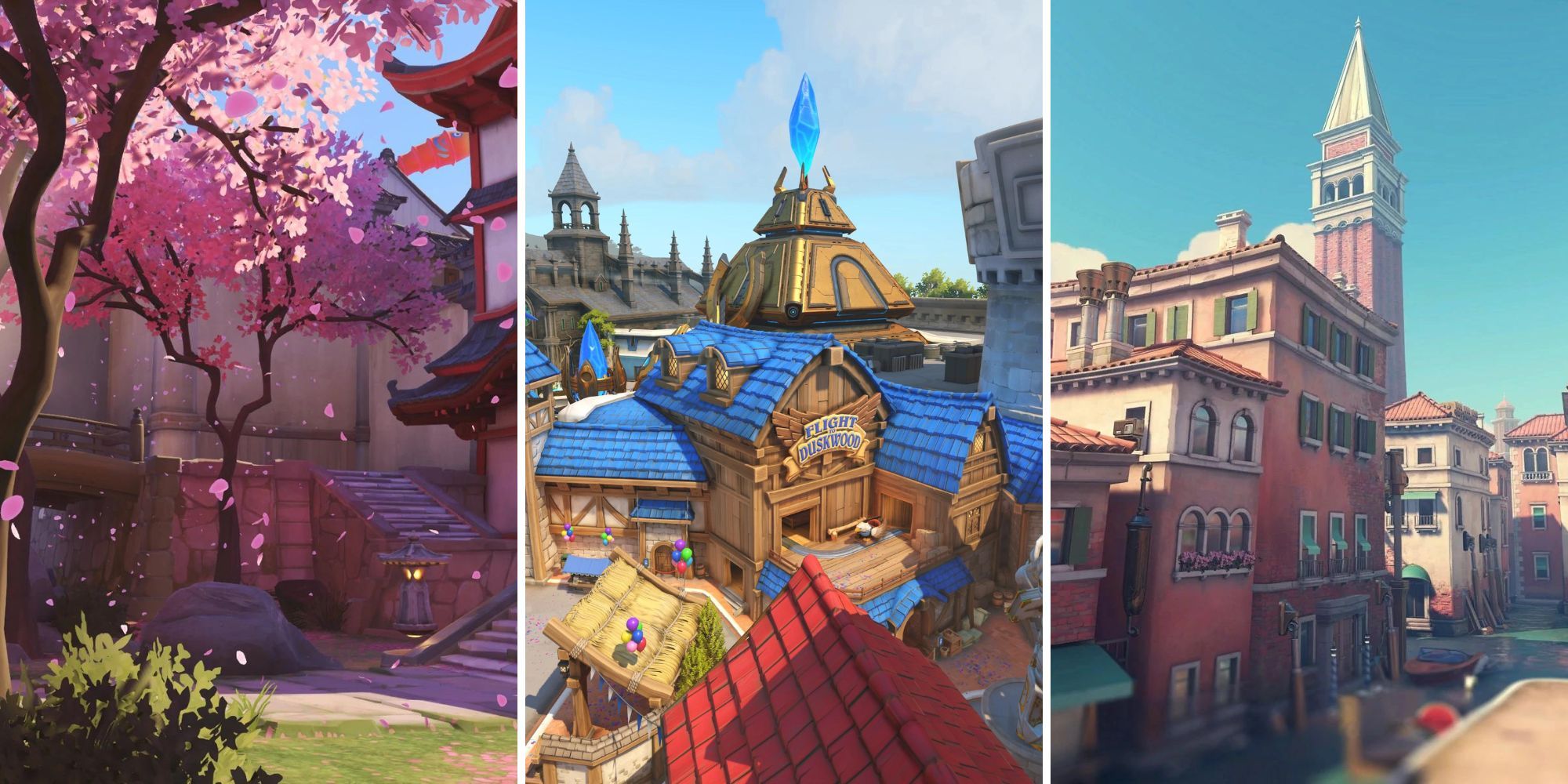 A grid of three different maps from Overwatch that players want again in Overwatch 2