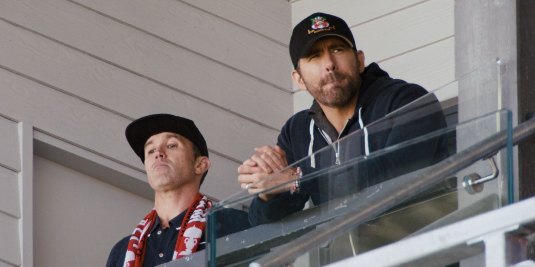 Rob McElhenney and and Ryan Reynolds in owners box Welcome to Wrexham