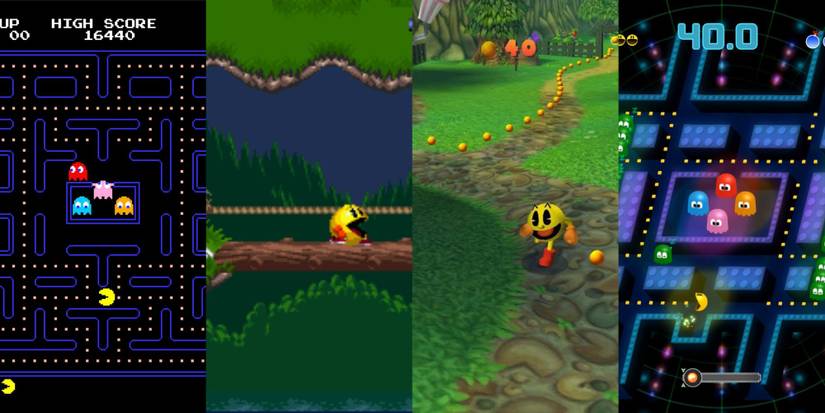 Left - Pac-Man Arcade, Left Center - Pac-In-Time SNES, Right Center - Pac-Man World 2, Right - Pac-Man Championship Edition 2