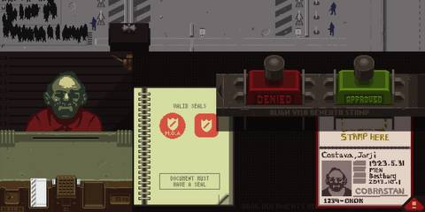 Papers, Please screenshot of Jorji Costava at the border requesting to get in.