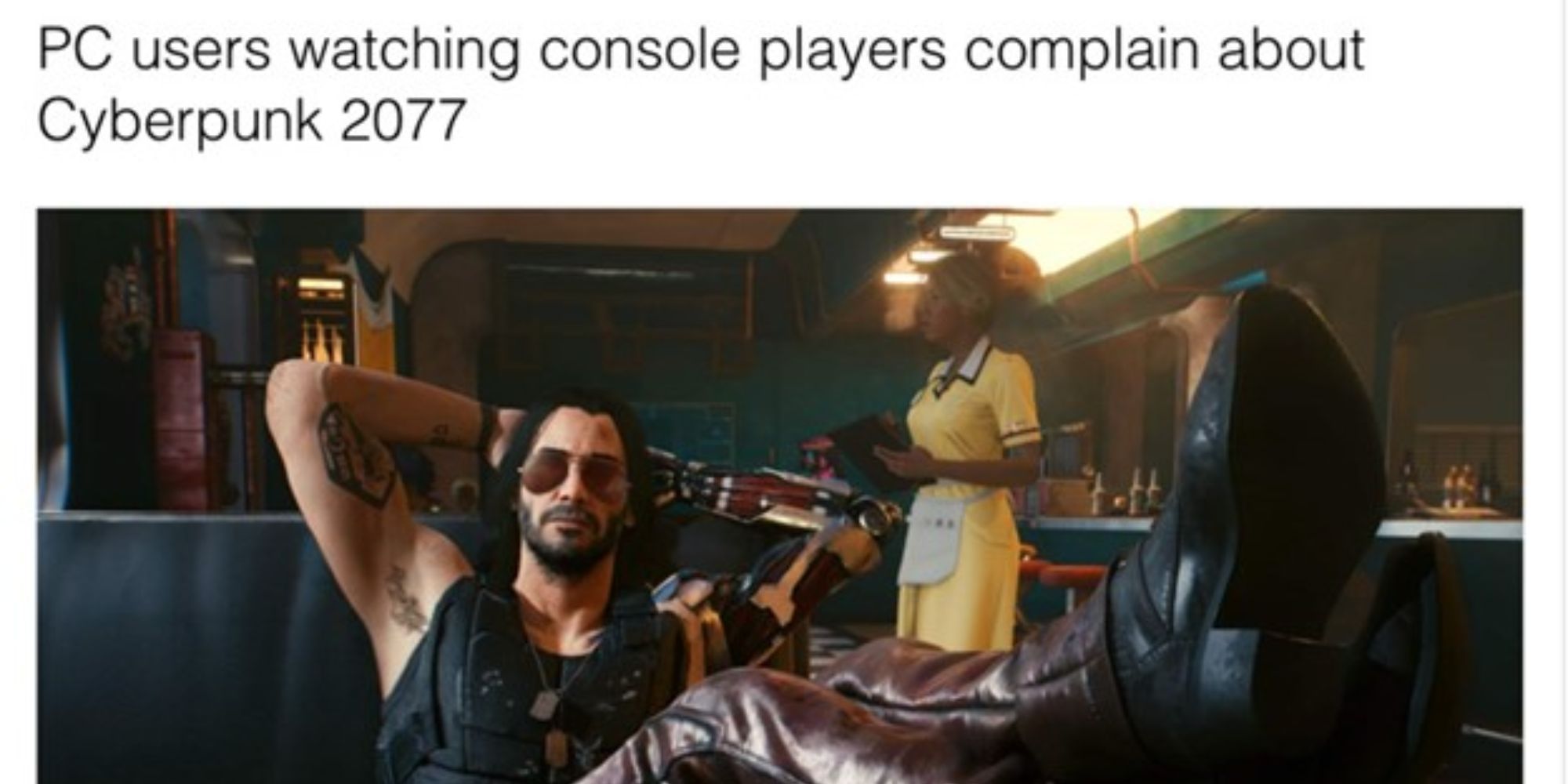 Johnny Silverhand as a pc player mocking console players.