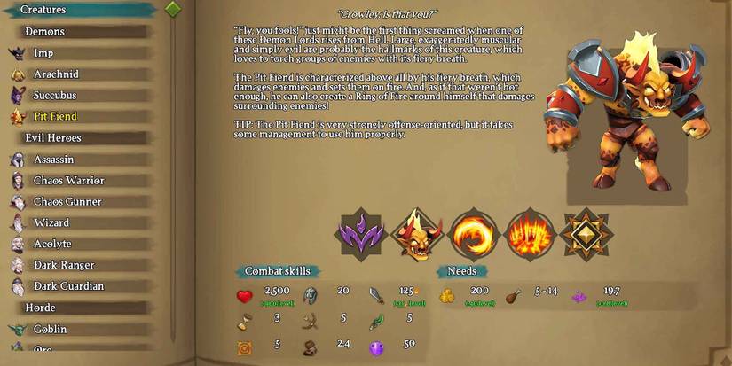 The Almanac entry for the Pit Fiend in Dungeons 3