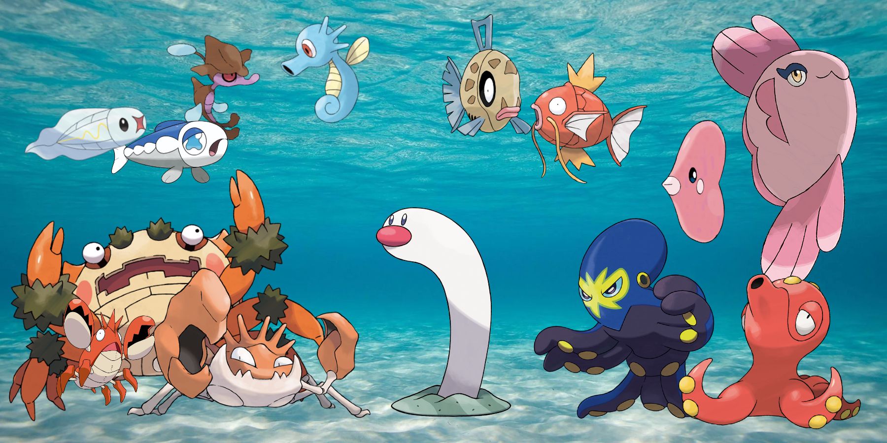 A selection of Pokemon that reflect convergent evolution, including Corphish, Klawf, and Kingler, Tynamo and Wishiwashi, Skrelp and Horsea, Feebas and Magikarp, Luvdisc and Alomomola, and Grapploct and Octillery.