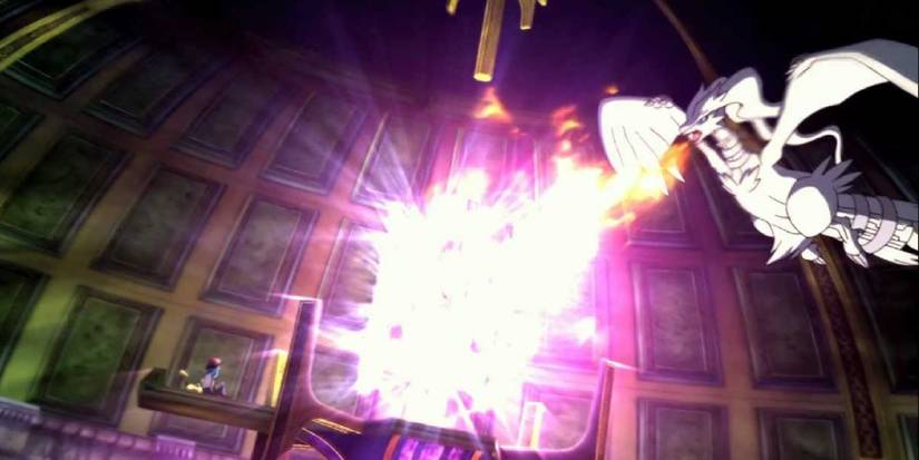 Reshiram shooting fire at an energy blast above Ash and Pikachu