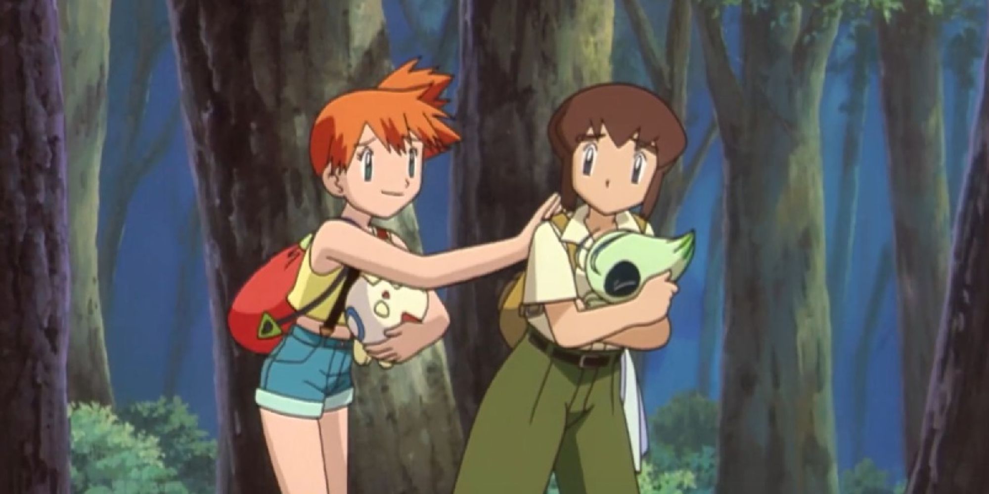 Misty with Togepi patting Sammy and Celebi in a forest