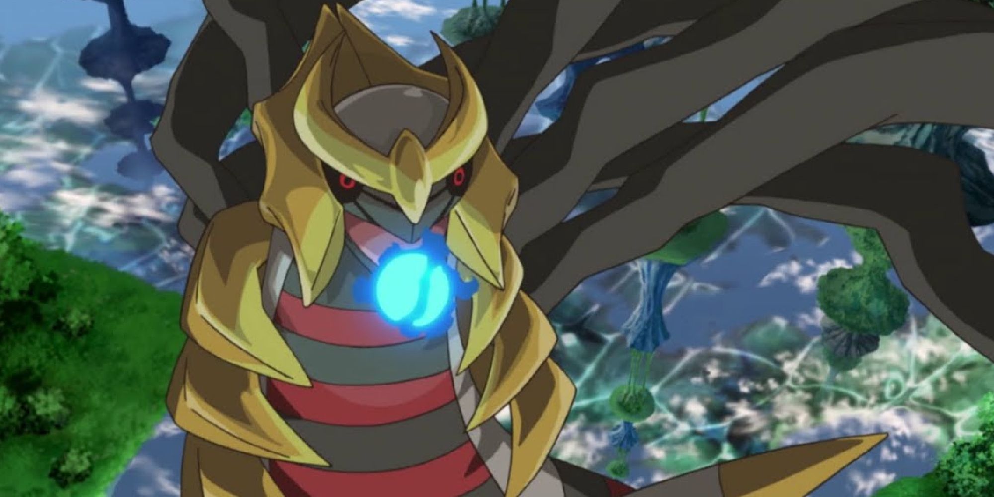 Giratina charging up an energy blast in the sky