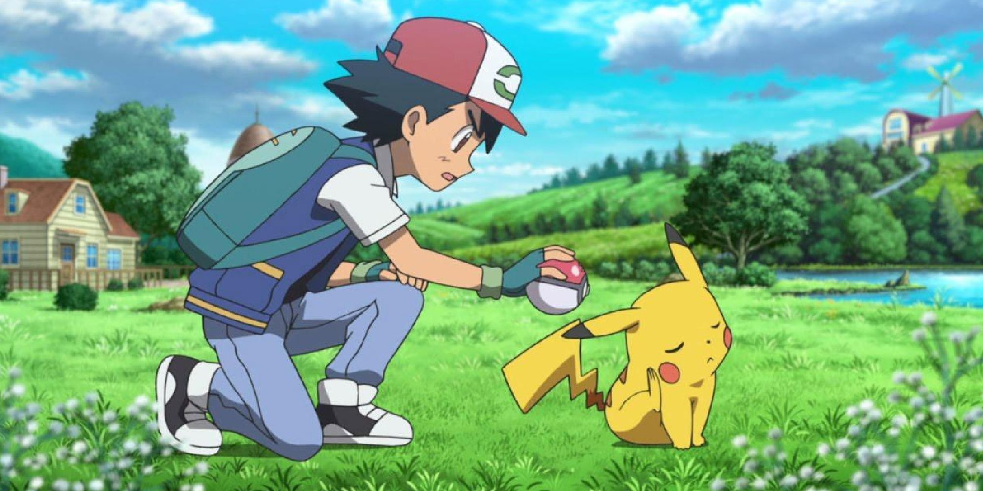 Ash trying to get a defiant Pikachu in its Poke Ball