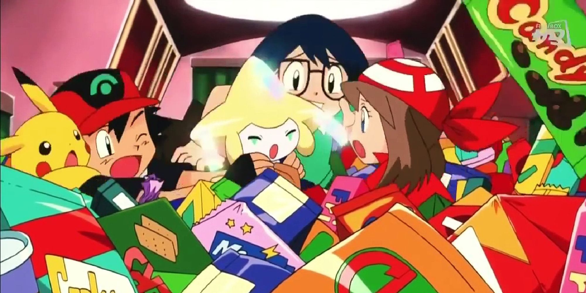 Pikachu, Ash, Max, Jirachi and May surrounded by candy 