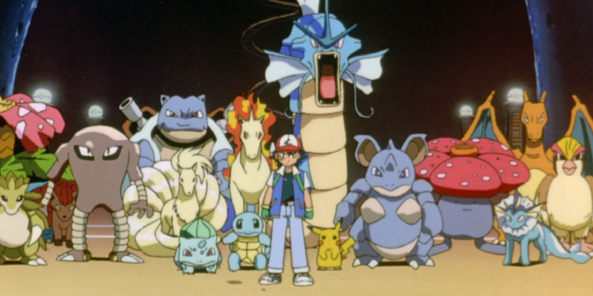 Ash standing with a group of Pokemon against Mewtwo