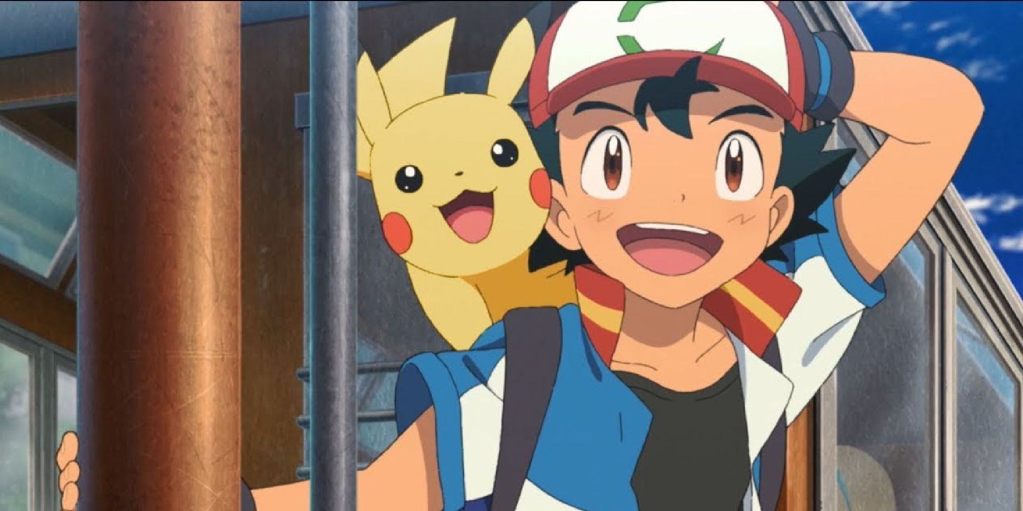 Ash and Pikachu riding a train