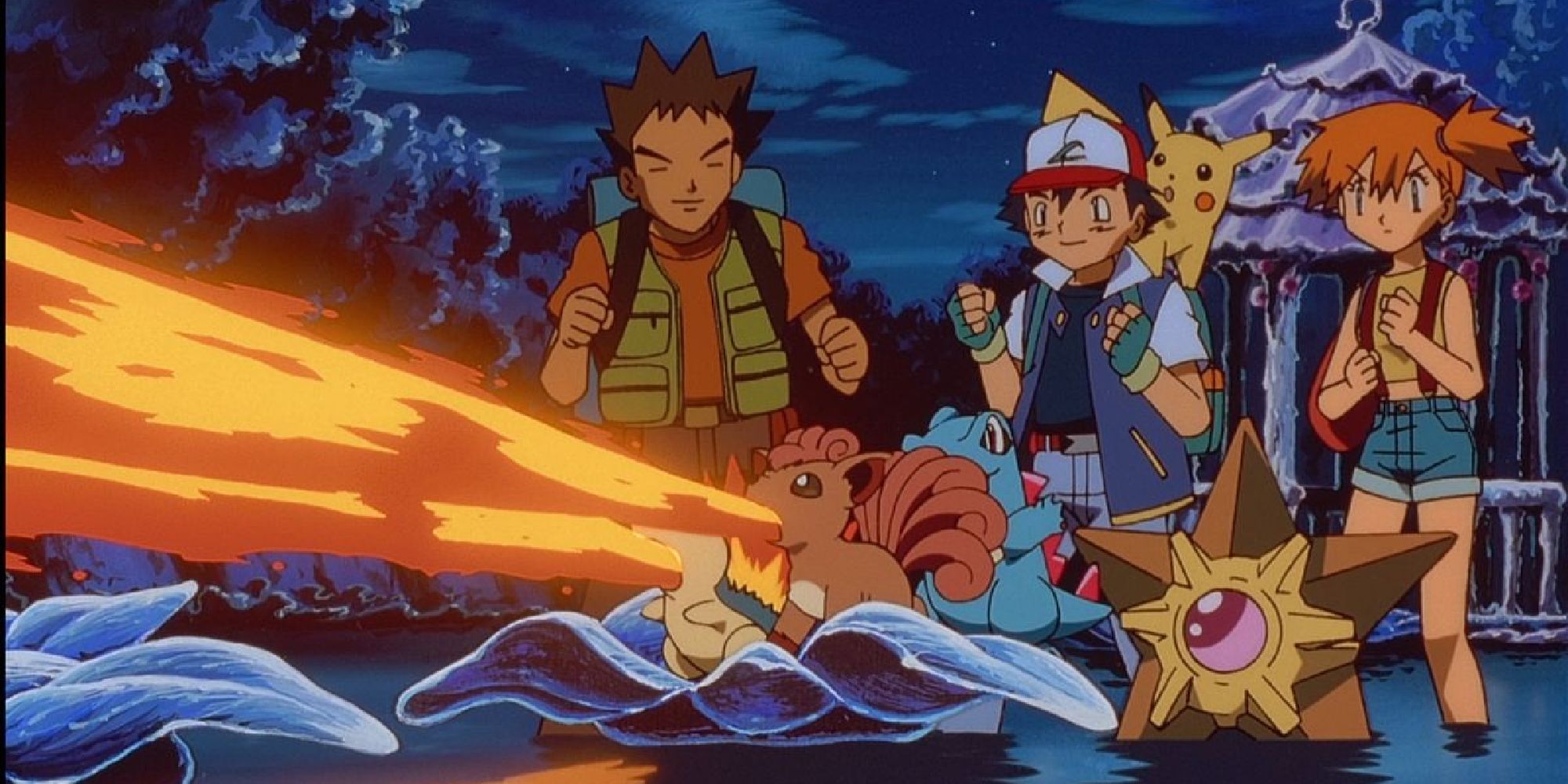 Ash, Misty, and Brock commanding Cyndaquil, Vulpix, and Totodile