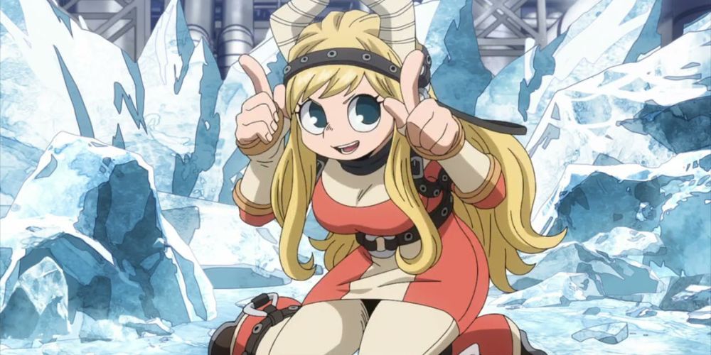 A young girl with blonde hair and horns making horns with her fingers, surrounded by a field of ice