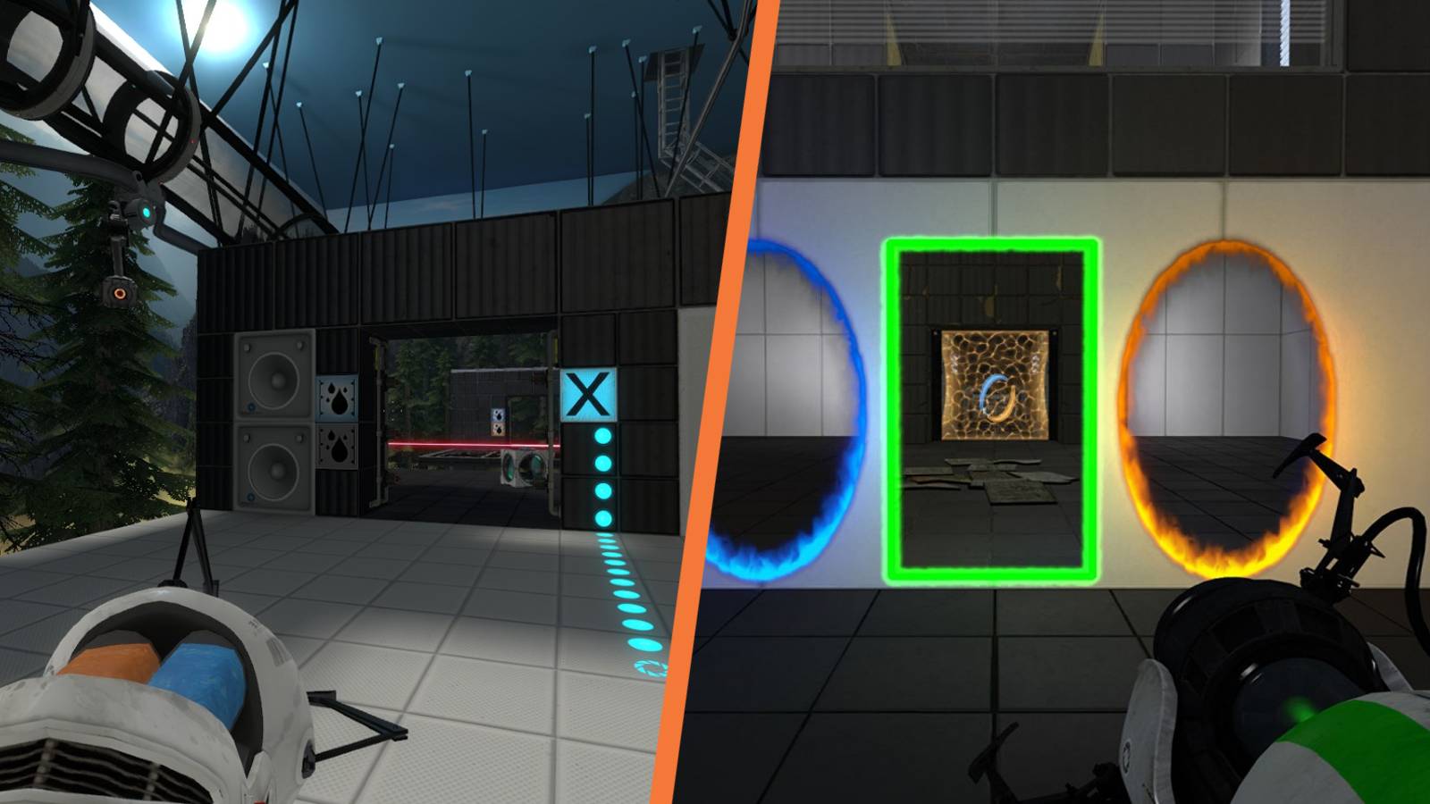 Portal 2 Mods including Portal Reloaded and Aperture Tag, side-by-side