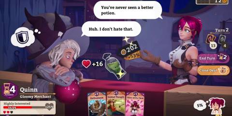 Sylvia and Quinn haggling over the price of a potion in Potionomics