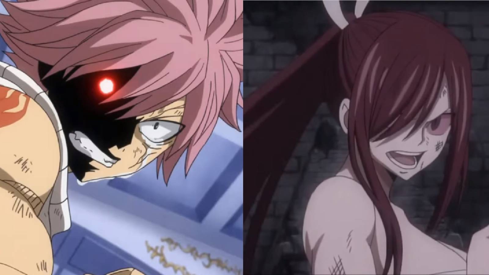 Split image of Natsu fighting Future Rogue and Erza fighting Kyoka in Fairy Tail