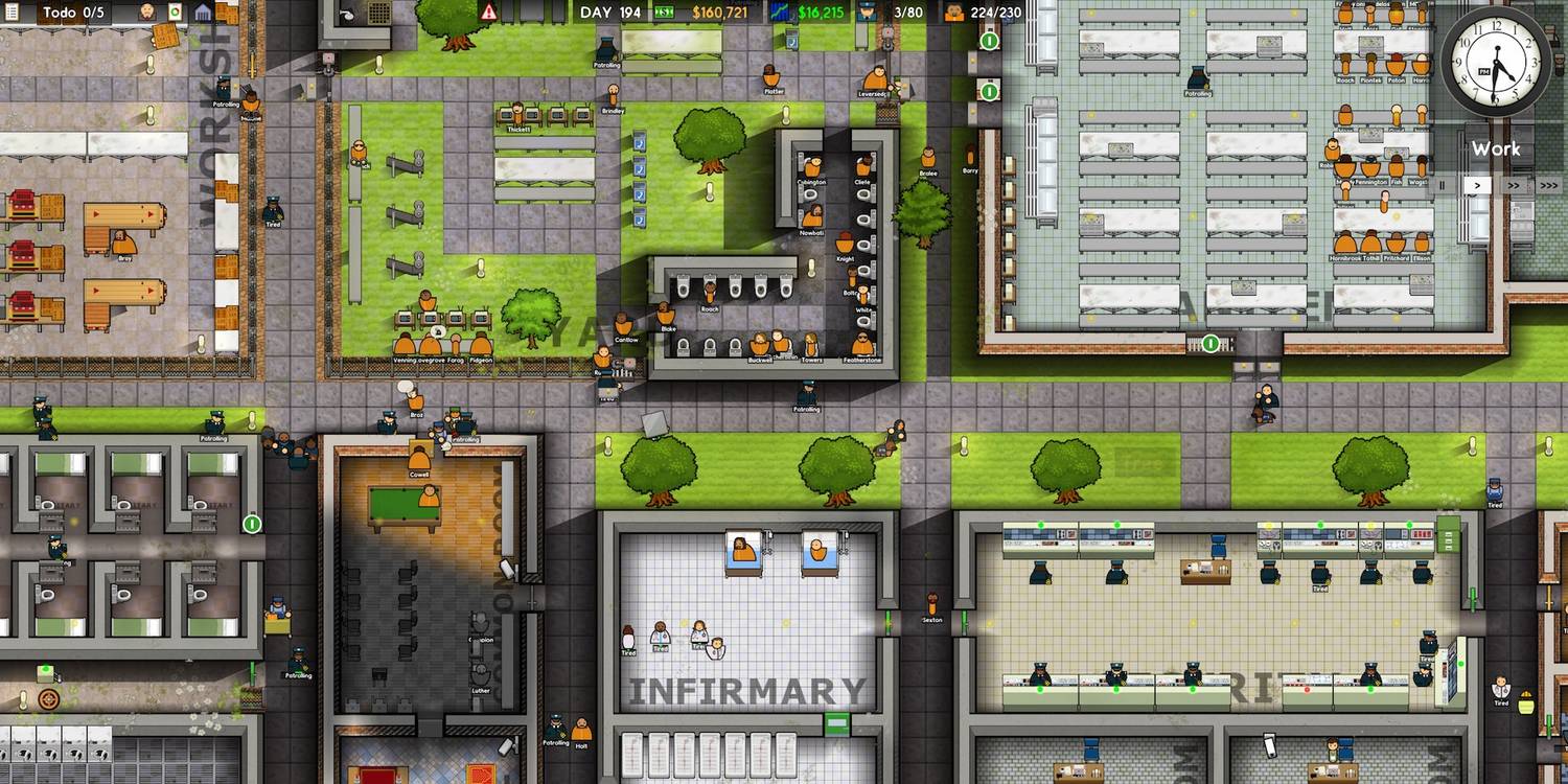 A Prison Architect screenshot of a compound that includes a cafeteria, infirmary, and more.