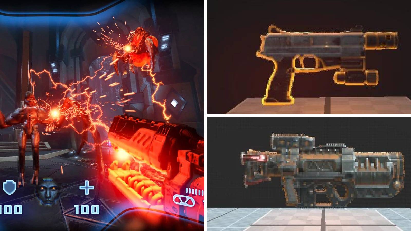 A player fighting an enemy in Prodeus with two guns on stands on the side as different images