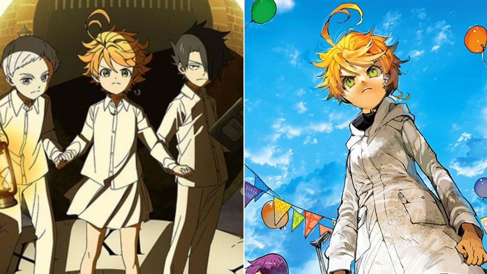 Split image of the promised neverland anime poster and manga cover art