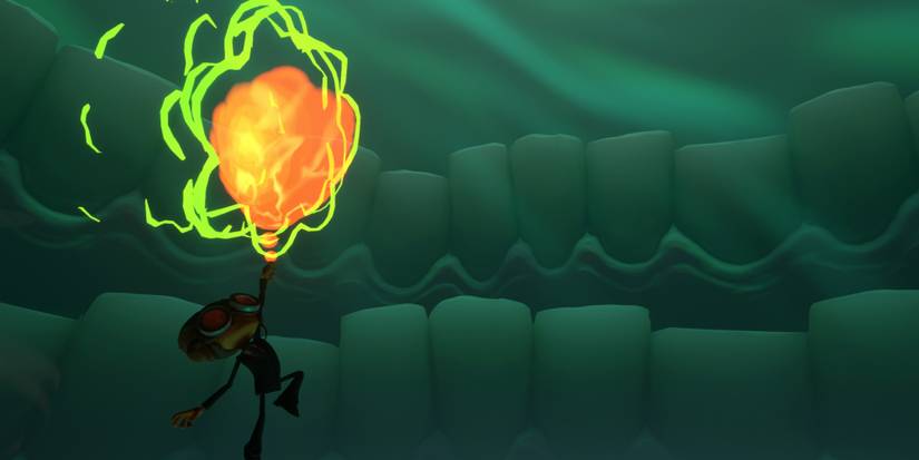 Raz floats on a thought bubble in Psychonauts 2