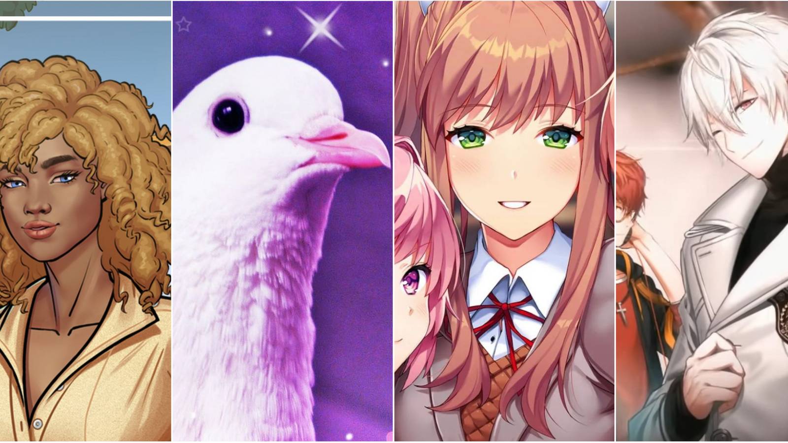 Collage featuring Love Island The Game, Hatoful Boyfriend, Doki Doki Literature Club, & Mystic Messenger