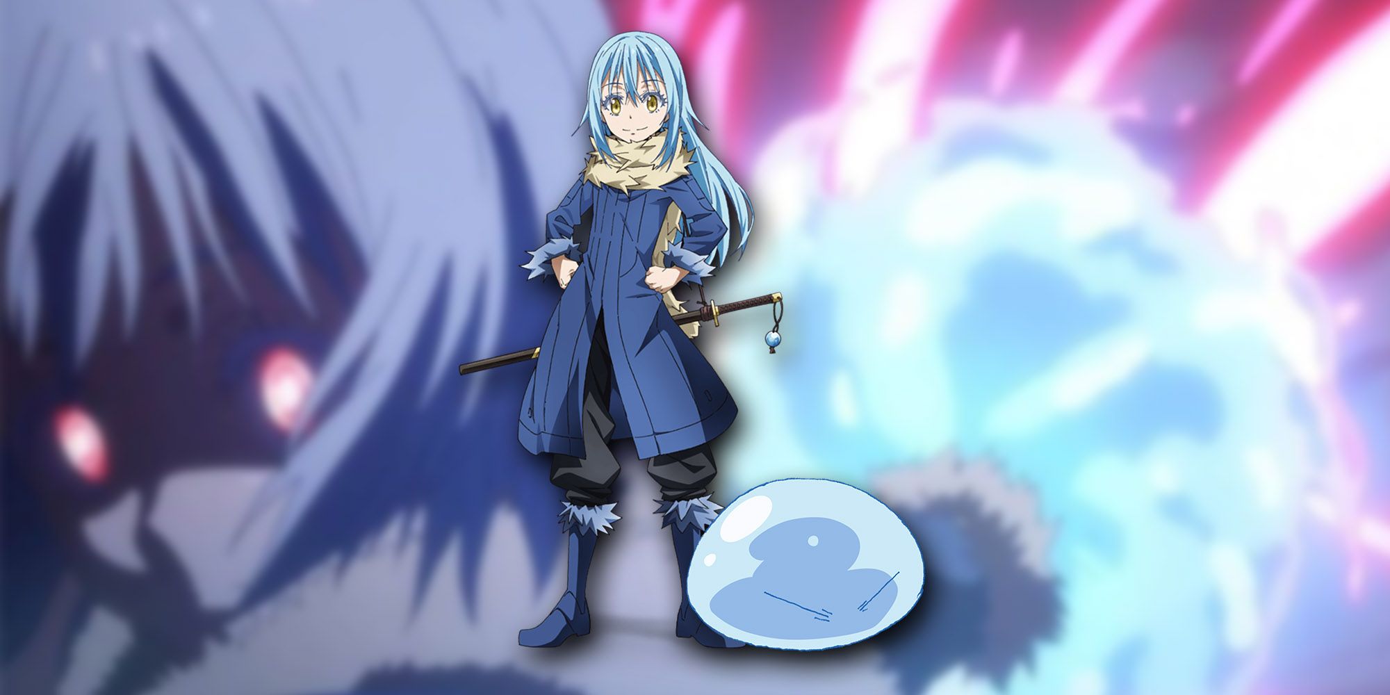 Reincarnated As A Slime - Rimuru In Both Forms PNG Over Image OF Rimuru Using Predator Skill