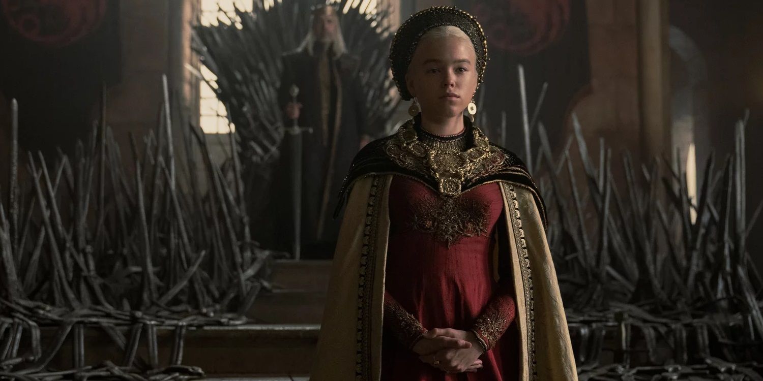 Rhaenyra standing in front of the Iron Throne in House of the Dragon