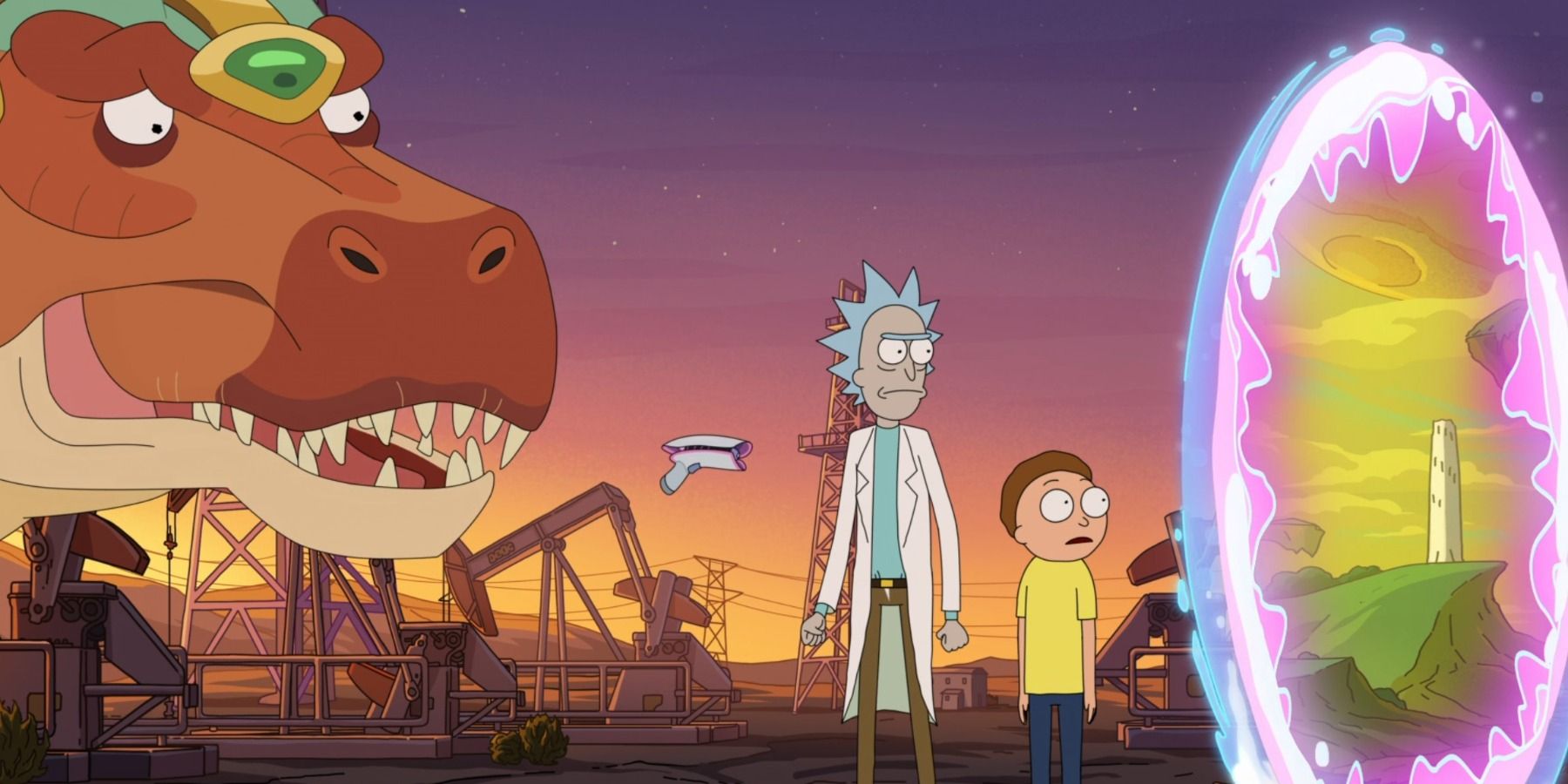 Rick and Morty next to dinosaur enhanced portal Juricksic Mort