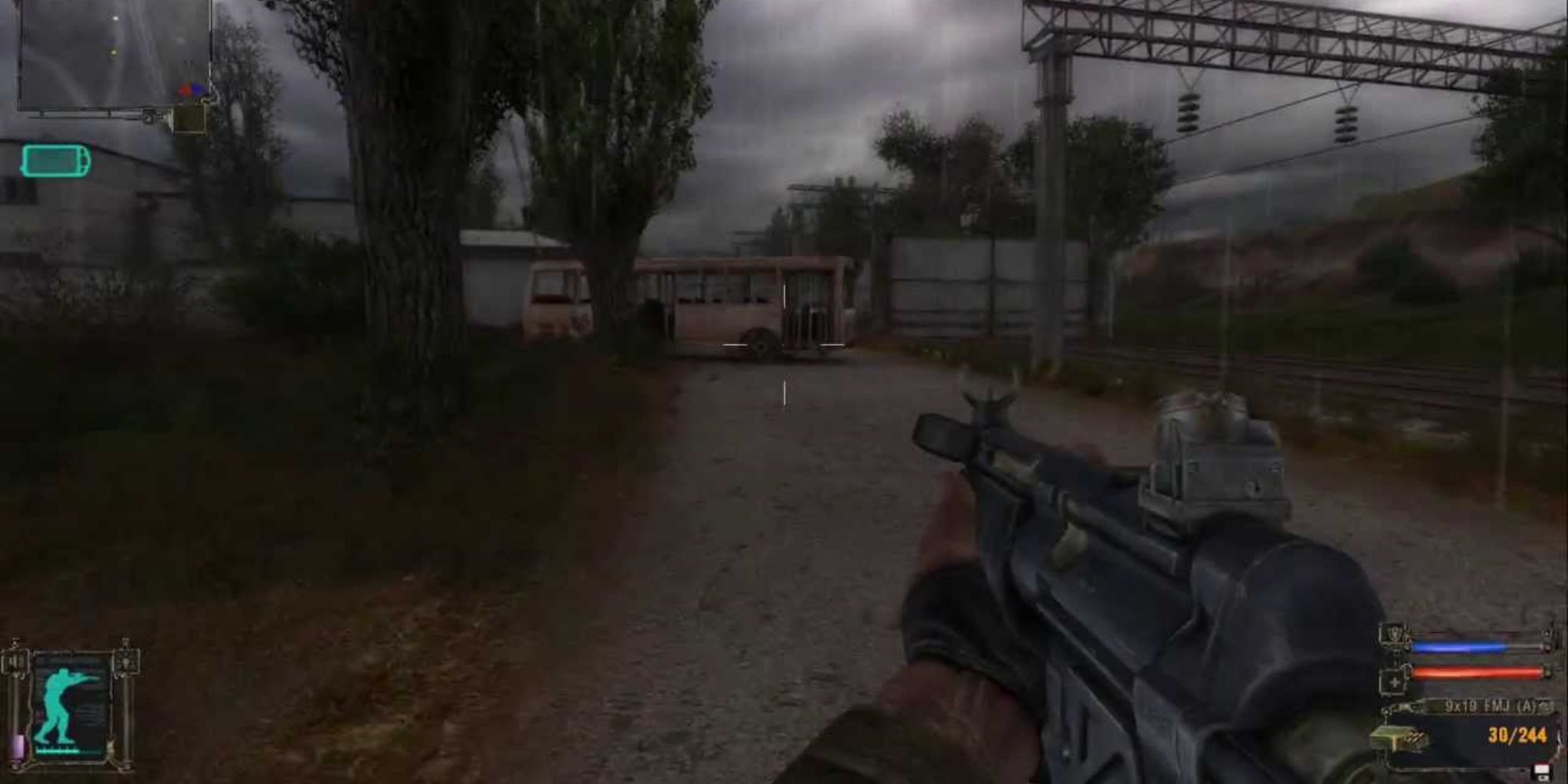 A player walking through the rain in S.T.A.L.K.E.R: Shadow of Chernobyl