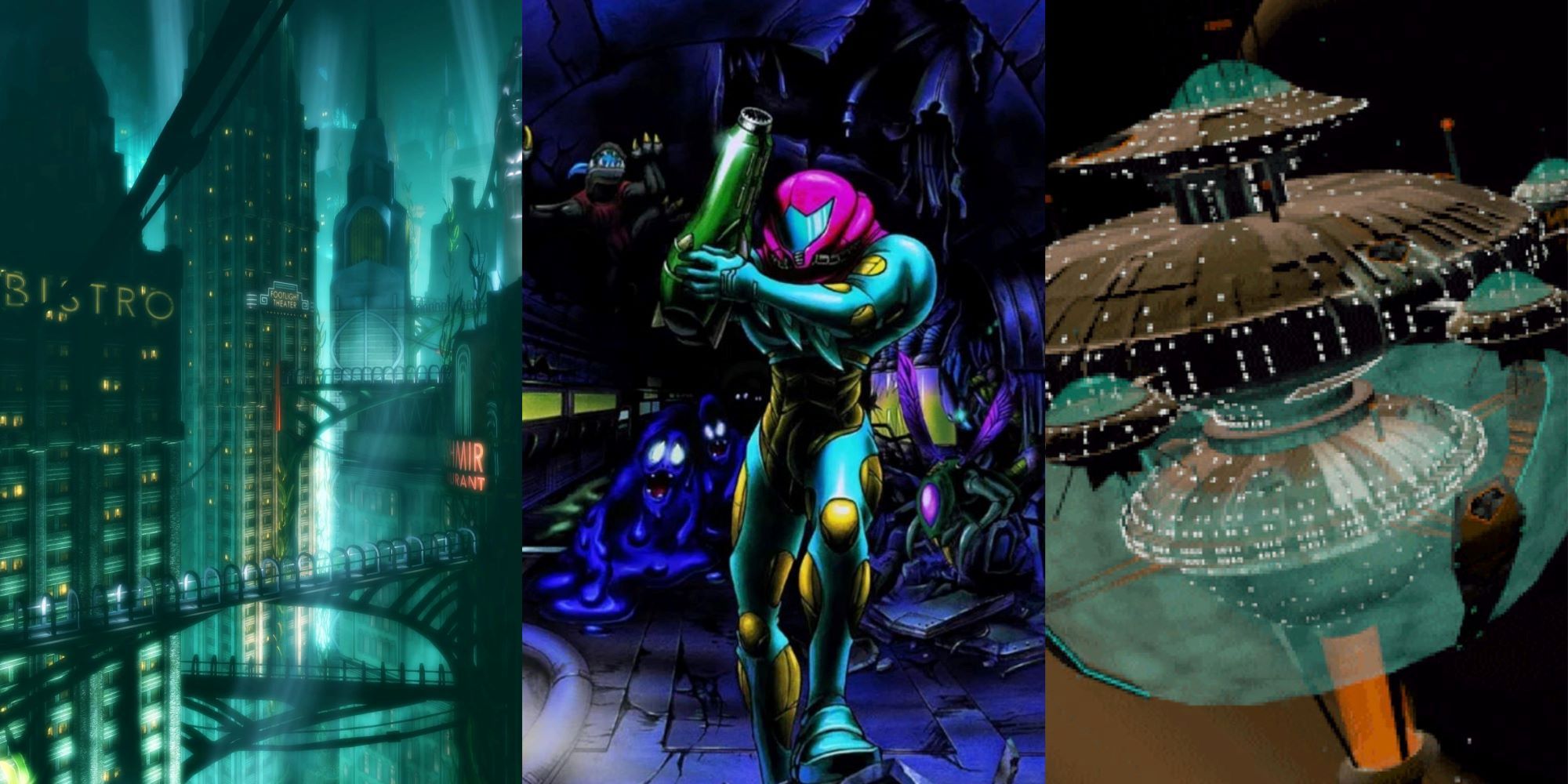 Left - Rapture Bioshock, Center - Promotional Art Metroid Fusion, Right - Citidel Station System Shock