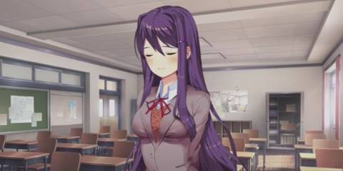 Yuri stands in the classroom in Doki Doki Literature Club