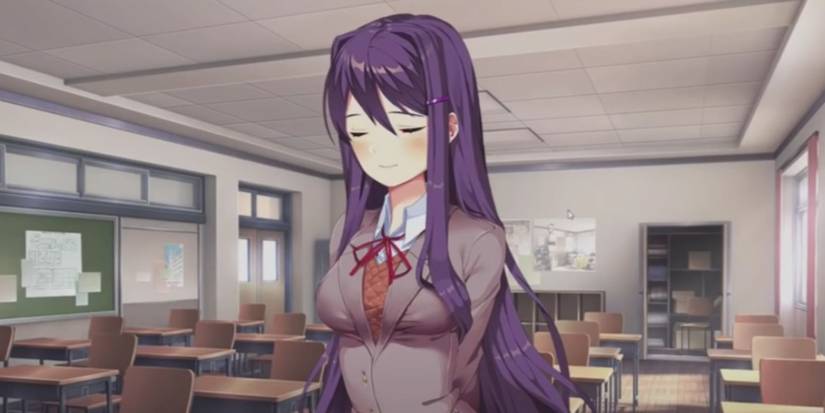 Yuri stands in the classroom in Doki Doki Literature Club