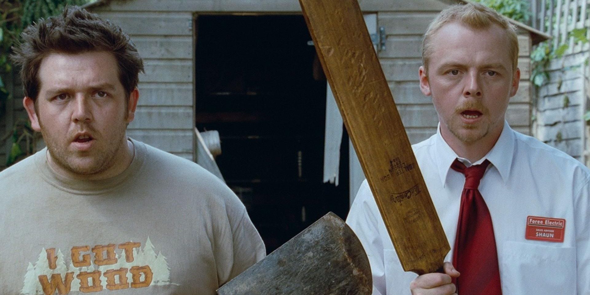 Shaun and Ed armed with a cricket bat and a shovel in Shaun of the Dead