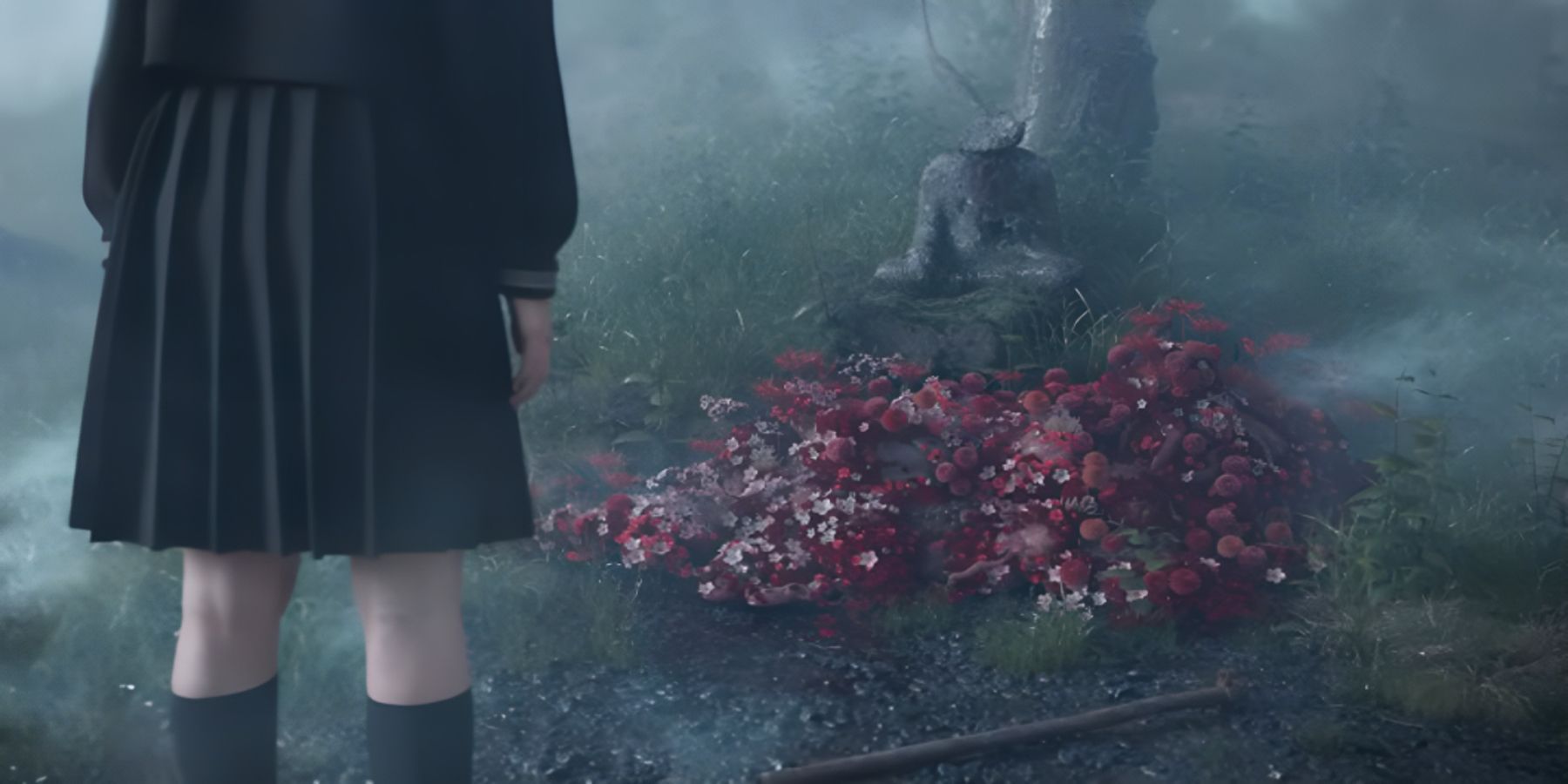 A girl stood before a shrine surrounded by flowers, from the Silent Hill f teaser announcement. 