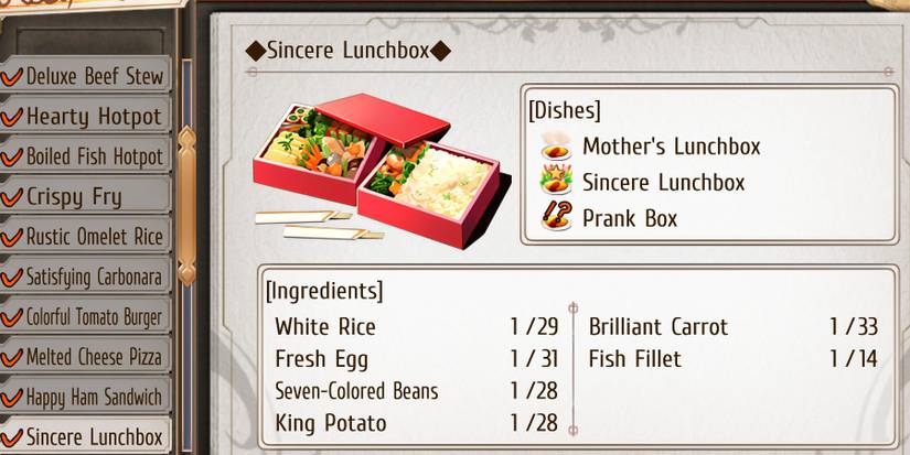 Sincere Lunchbox recipe and ingredient list