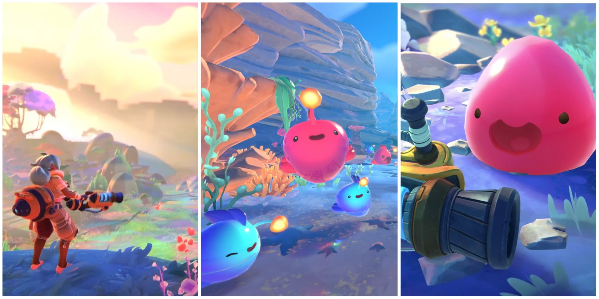 Slime Rancher 2 featured image showing main character with vista, slimes bouncing, a pink slime