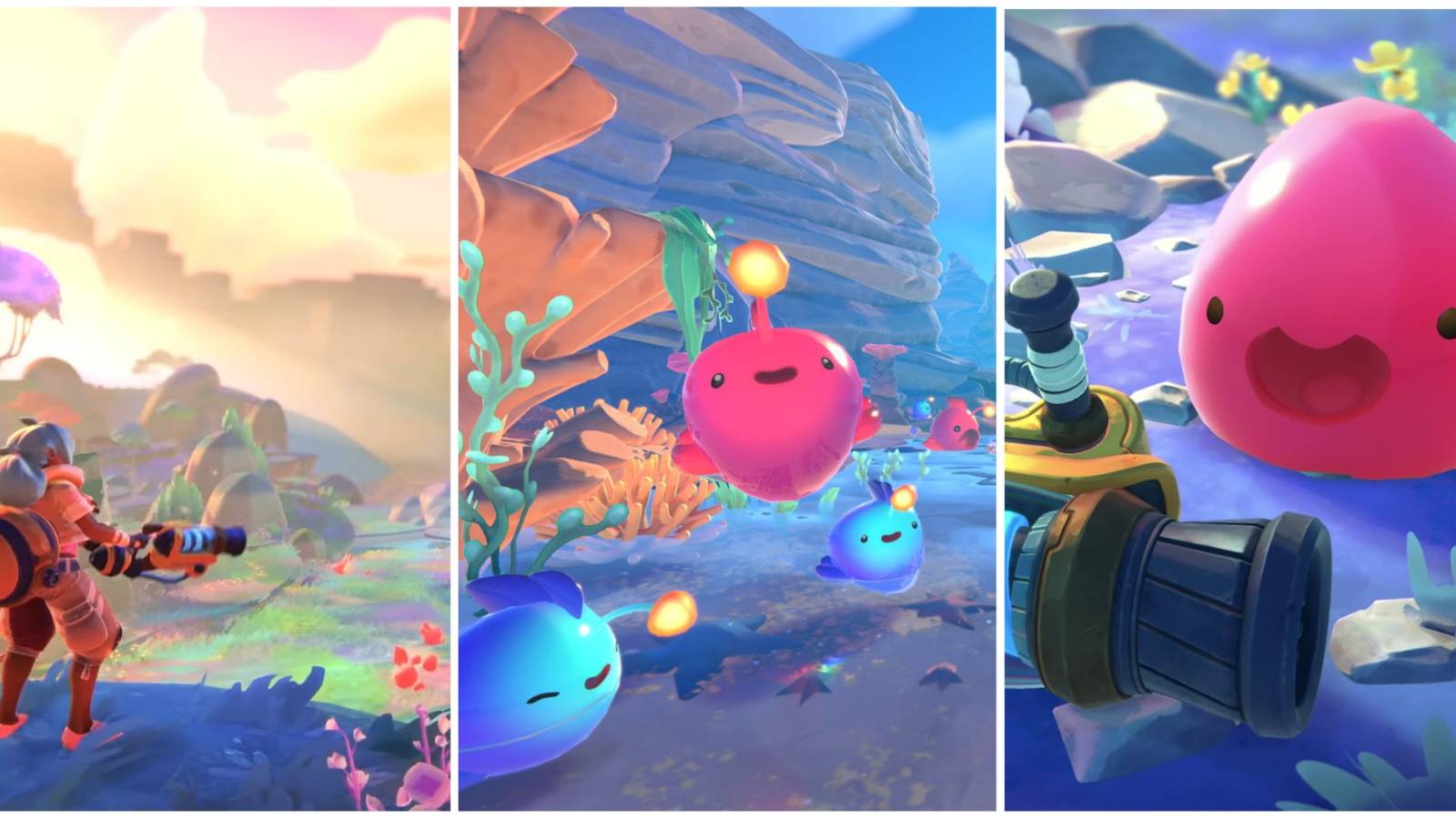 Slime Rancher 2 featured image showing main character with vista, slimes bouncing, a pink slime