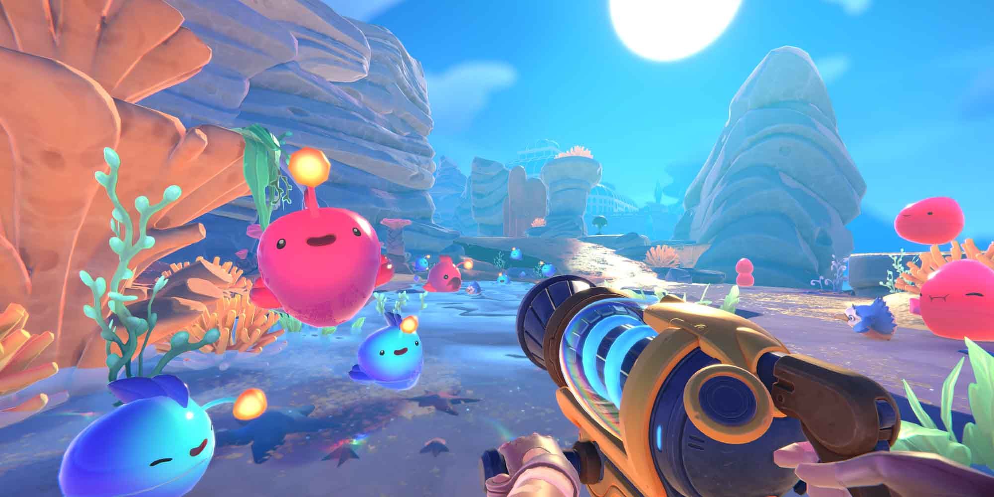 Encountering some slimes in Slime Rancher 2