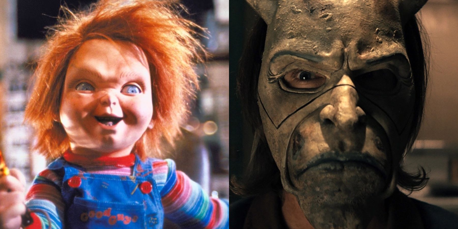 Split image of Chucky from Child's Play franchise and The Grabber (Ethan Hawke) from The Black Phone
