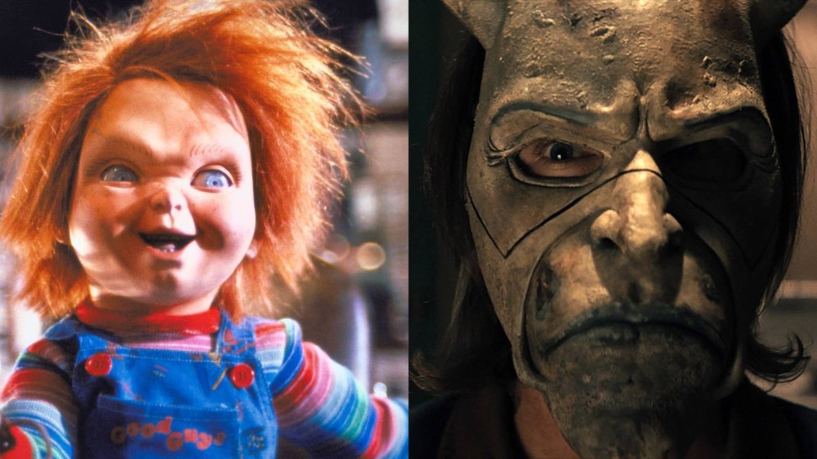 Split image of Chucky from Child's Play franchise and The Grabber (Ethan Hawke) from The Black Phone