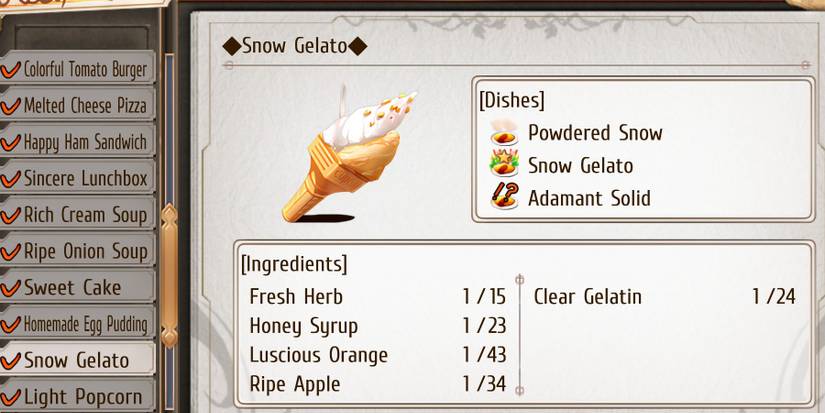 Snow Gelato recipe and ingredient list