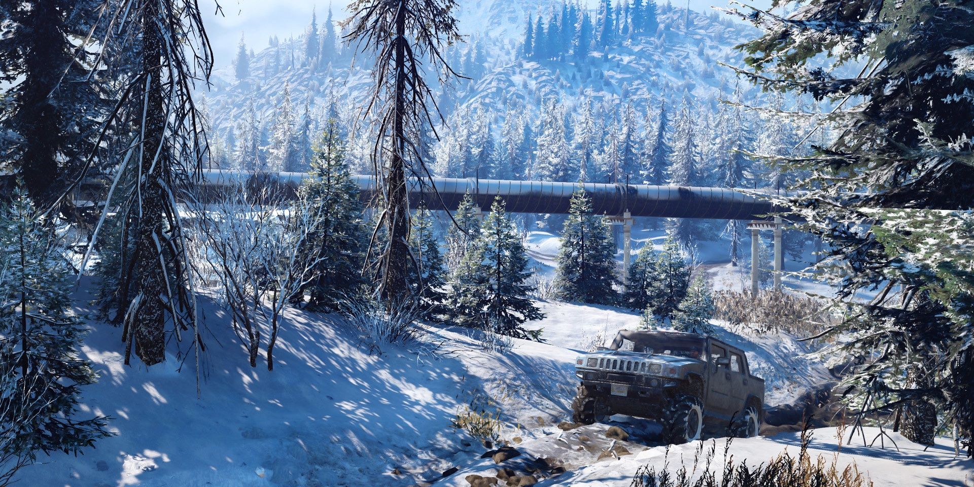 A SnowRunner screenshot of a jeep driving through the dirt and snow in a mountainous forest