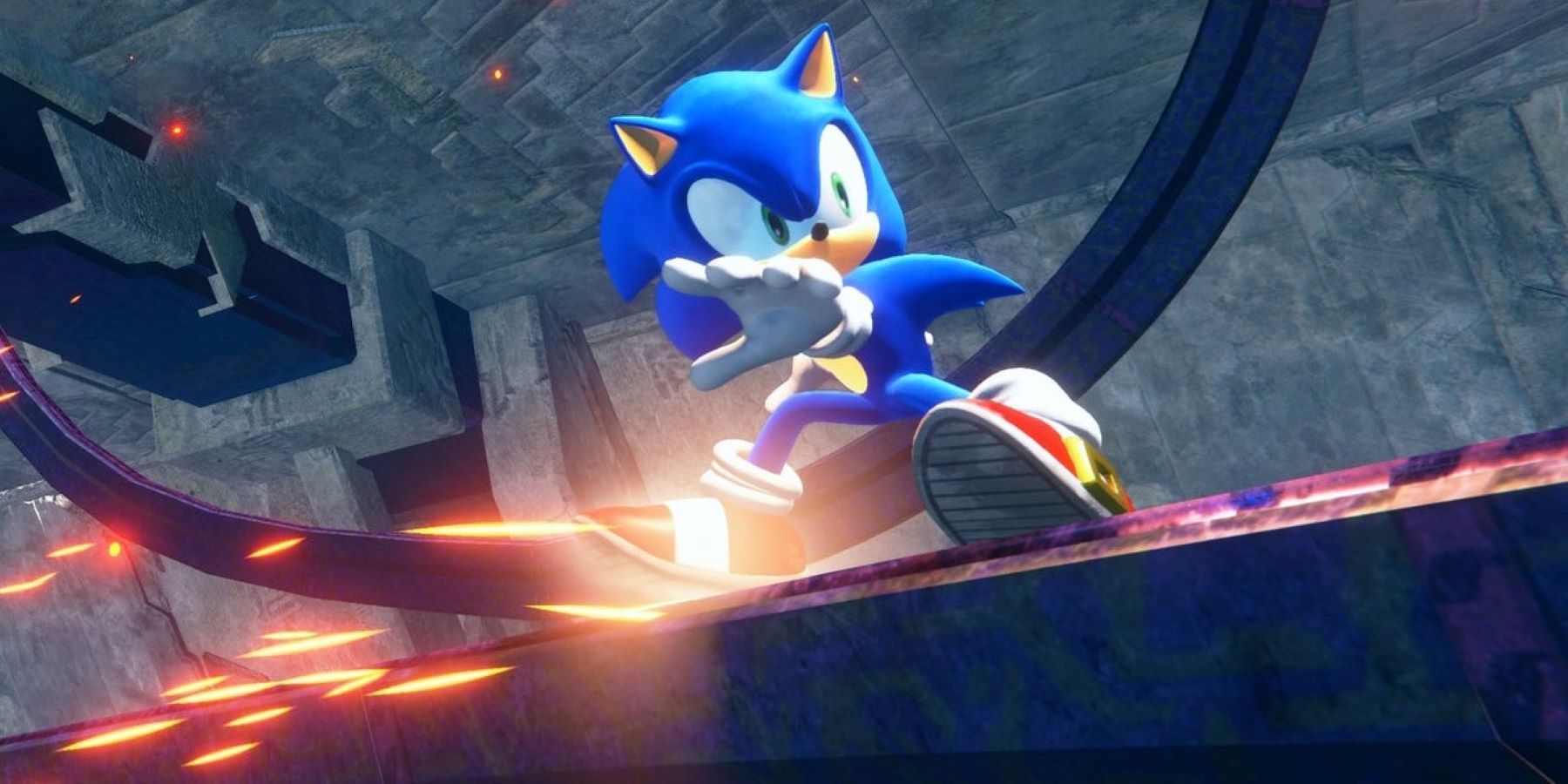 Sonic grinding on a rail in Sonic Frontiers