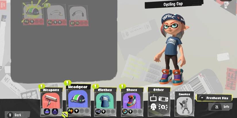 Splatoon 3's Equip Menu with the selection on "Headgear," pointing out the Cycling Cap that has a Sub Power-Up