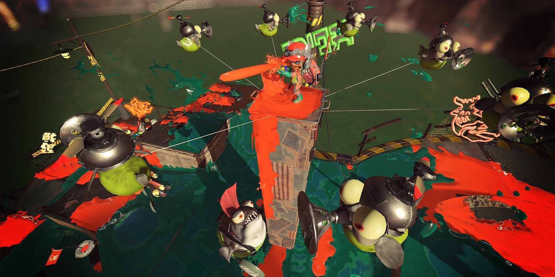 Игрок, окруженный врагами из лосося, в Salmon Run в Splatoon 3.